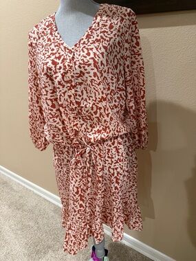 CAbi Sienna dress Rust and Cream leopard Printed V-Neck Midi Dress